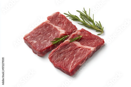 Two raw beef steaks with rosemary sprigs. (1)