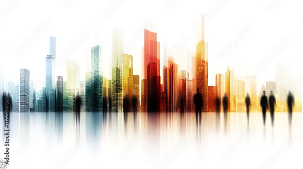 Fototapeta premium Abstract City Skyline with Silhouetted Figures in Urban Environment