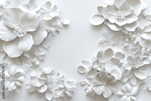 White paper flowers arranged on white background.