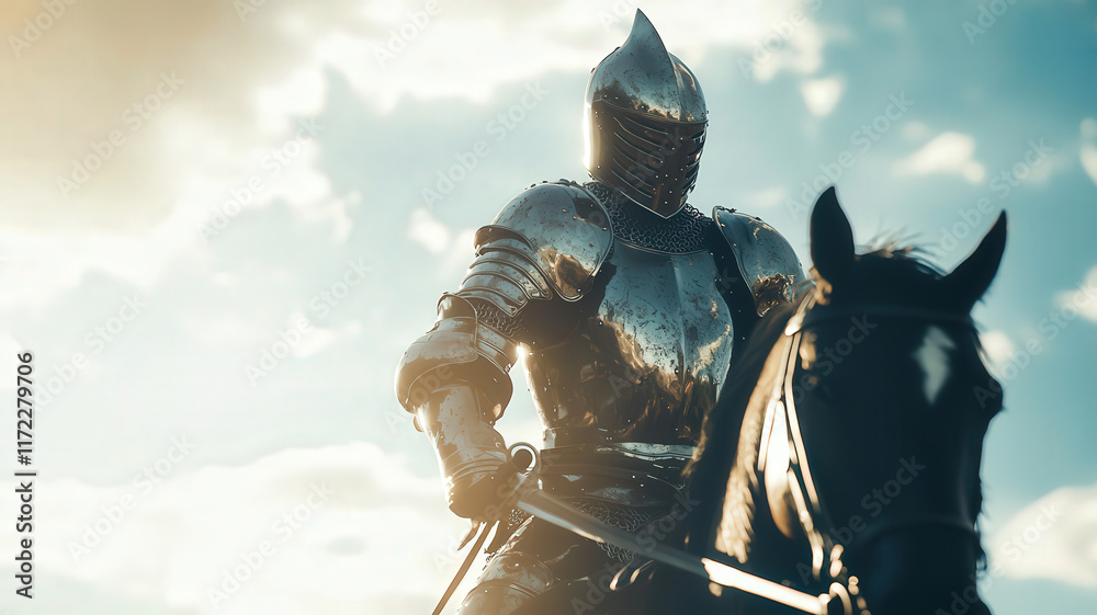 Naklejka premium A heavily armored knight on a mechanical horse, poised for an intense jousting match in a futuristic medieval tournament, showcasing advanced technology and traditional combat.