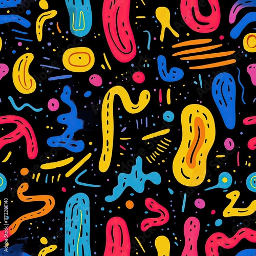Colorful Wild Memphis Design Pattern Textile, Retro 90s 80s Abstract Black Background, Funky Fun Vintage Wallpaper, Squiggles Doodle Backdrop