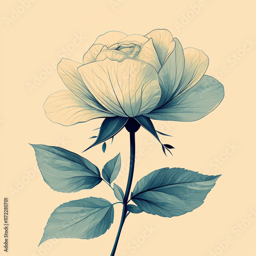 Single blue rose stem, leaves, cream backdrop, elegant illustration