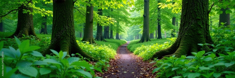 Fototapeta premium Lush foliage and moss-covered tree trunks along a winding forest path, greenery, trees, forest path