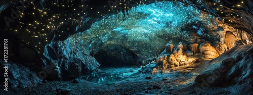 A surreal view of the glowworm caves in Waitomo, New Zealand, Cave scene photo