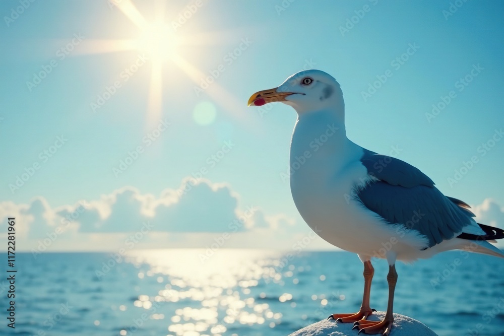 Fototapeta premium Seagull against blue background with warm sunbeams, peaceful, clouds