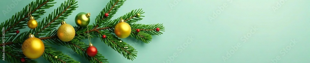 Single branch of evergreen decorated with a mix of yellow and green ornaments and a few red berries, tree, festive, ornaments Single branch of evergreen decorated with a mix of yellow and green ornaments and a few red berries, tree, festive, ornaments