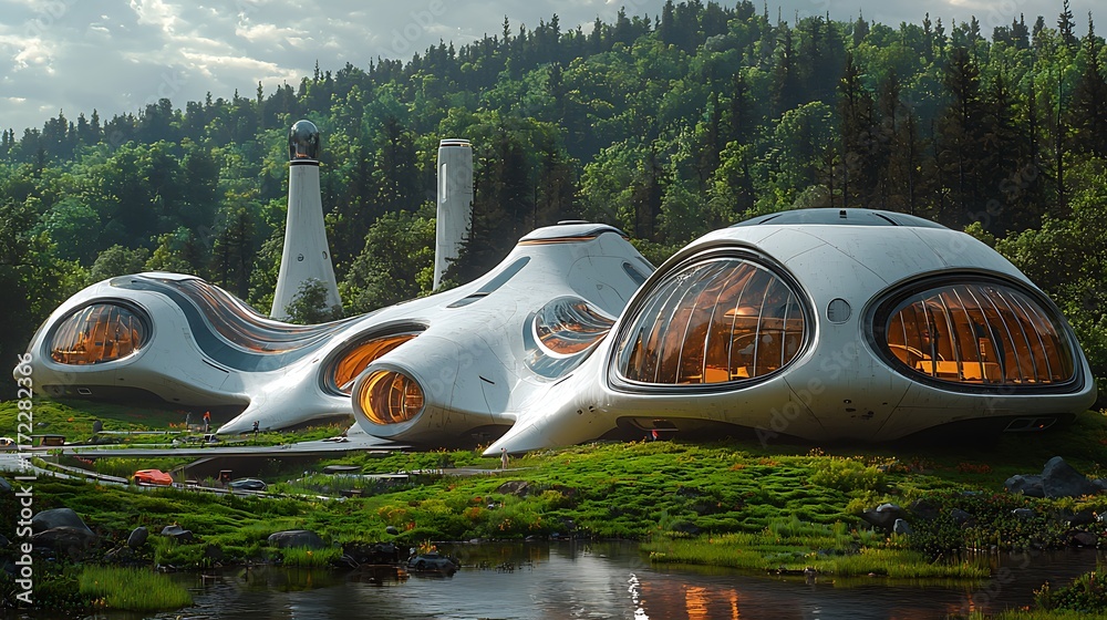 custom made wallpaper toronto digitalFuturistic biomorphic house nestled in a lush forest landscape near a calm river.