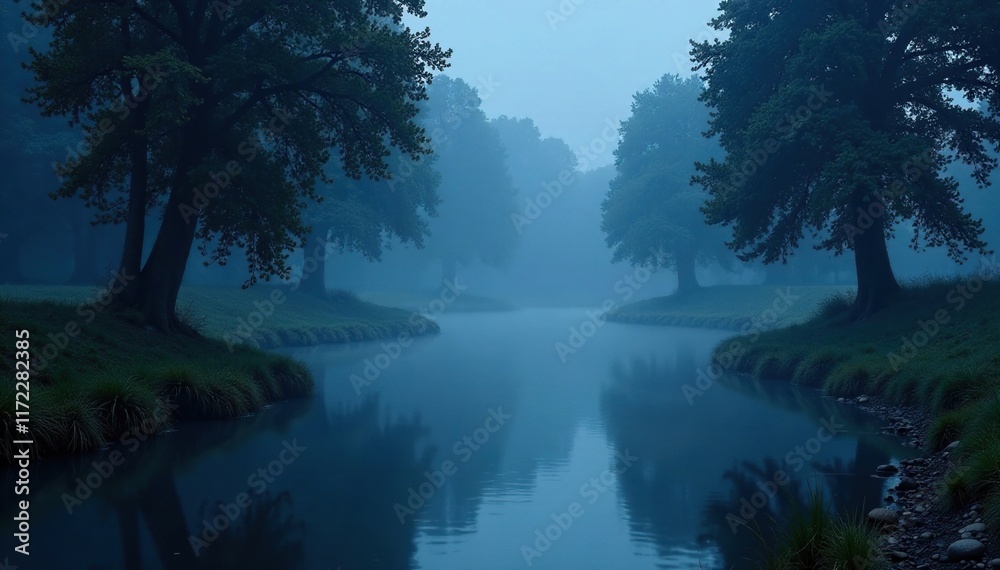 Obraz premium Misty river flowing under cypress trees at night, mist, serene