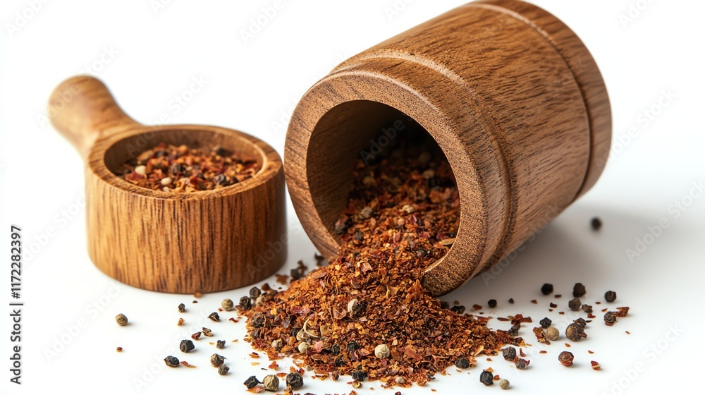 Wooden grinder with spices spilled on white background. Wooden grinder with spices spilled on white background.
