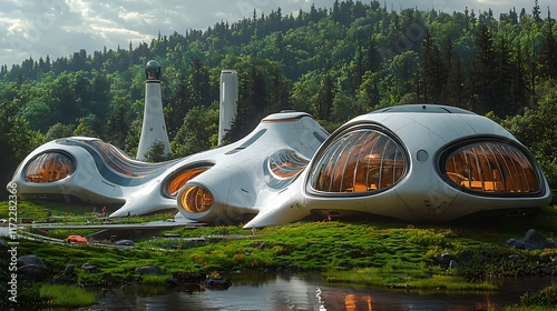 Wallpaper Mural Futuristic biomorphic house nestled in a lush forest landscape near a calm river. Torontodigital.ca