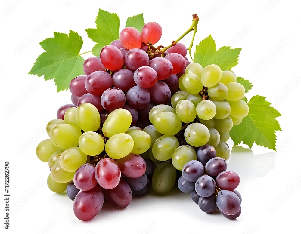 A Cluster of Red Green and Purple Grapes with Leaves A Cluster of Red Green and Purple Grapes with Leaves