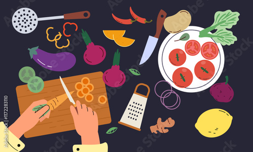 Food cooking top view. Sign or poster for restaurant menu with dish cook. Chef cooking at kitchen with meal ingredients