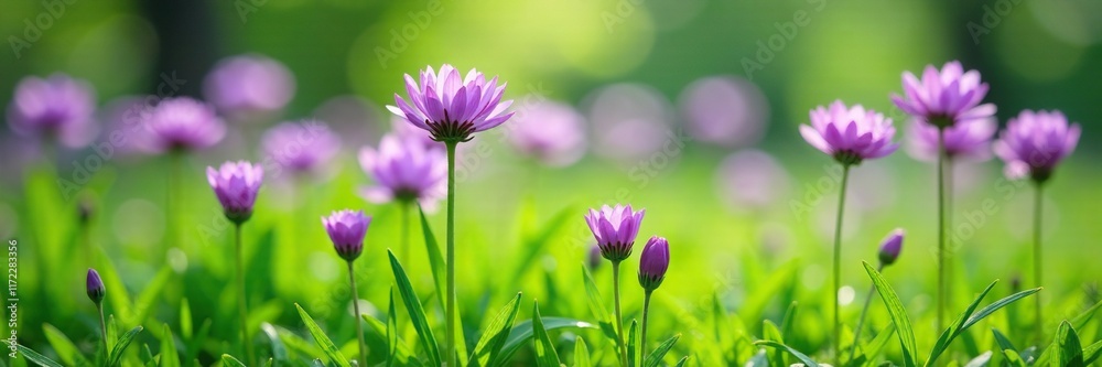Fototapeta premium Delicate purple flowers unfolding in a lush green grassy area, spring, chives, foliage
