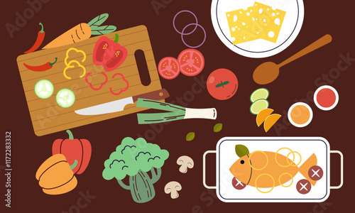 Food cooking top view. Sign or poster for restaurant menu with dish cook. Chef cooking at kitchen with meal ingredients