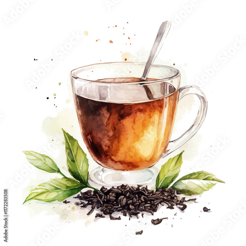 A watercolor vector painting of a Black Tea, isolated on a white background. Black Tea vector.

