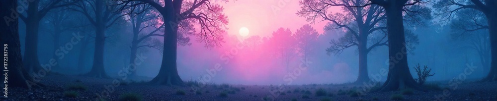 Soft pink and blue vapor rises from a mystical forest floor at dawn, trees, blue fog, landscape Soft pink and blue vapor rises from a mystical forest floor at dawn, trees, blue fog, landscape