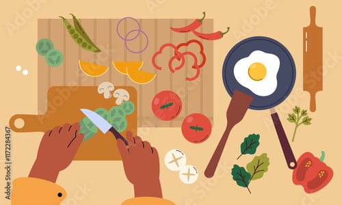 Food cooking top view. Sign or poster for restaurant menu with dish cook. Chef cooking at kitchen with meal ingredients