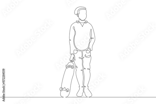 Teenager child stands with a skateboard. Extreme sport. One continuous drawing line  logo single hand drawn art doodle isolated minimal illustration.