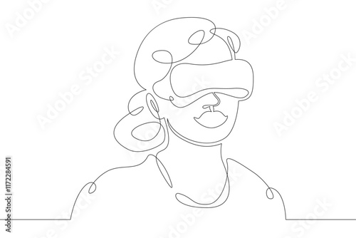 Little teenager child playing virtual reality. Character in a helmet with glasses of virtual reality. One continuous drawing line  logo single hand drawn art doodle isolated minimal illustration.