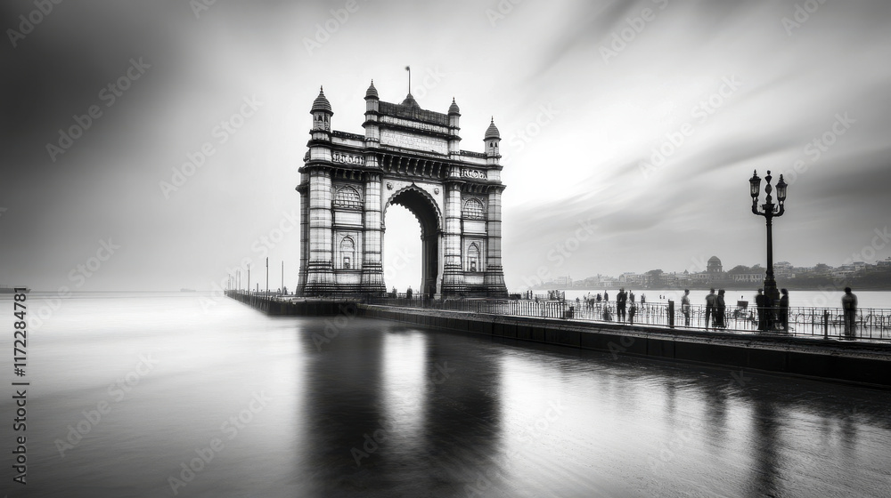 Obraz premium stunning black and white photo of iconic Gateway of India, showcasing its majestic architecture and serene waterfront. long exposure captures movement of people and water beautifully