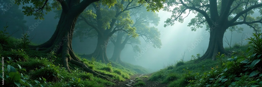 Fototapeta premium A misty forest scene with ancient trees and overgrown underbrush, mist, bushes