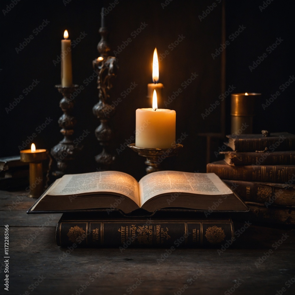 A single book on a pedestal surrounded by floating candles.
A single book on a pedestal surrounded by floating candles.