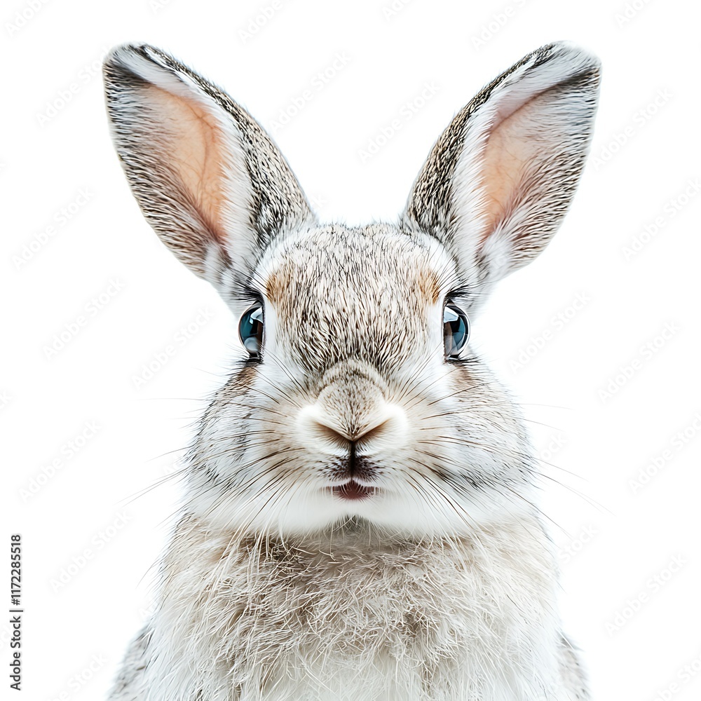 Obraz premium Cute gray rabbit portrait, studio shot, white background, Easter.