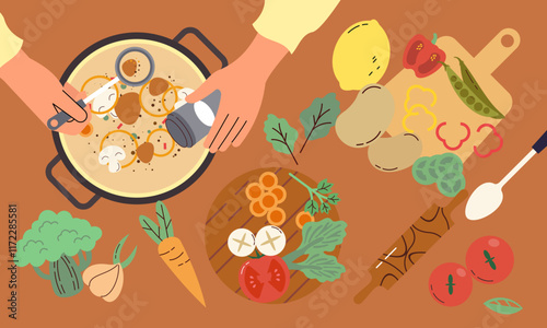 Food cooking top view. Sign or poster for restaurant menu with dish cook. Chef cooking at kitchen with meal ingredients
