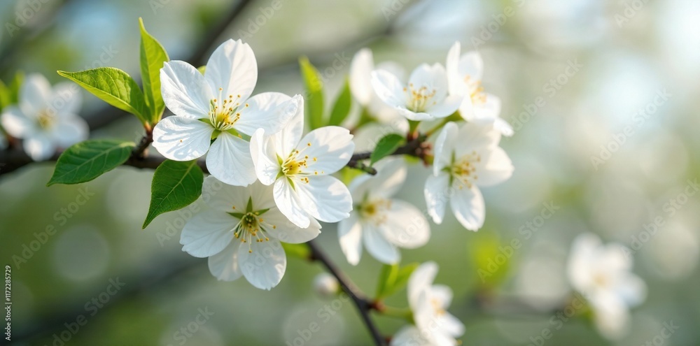Full bloom of white spring flowers on deciduous trees, tree crowns, spring flowers Full bloom of white spring flowers on deciduous trees, tree crowns, spring flowers