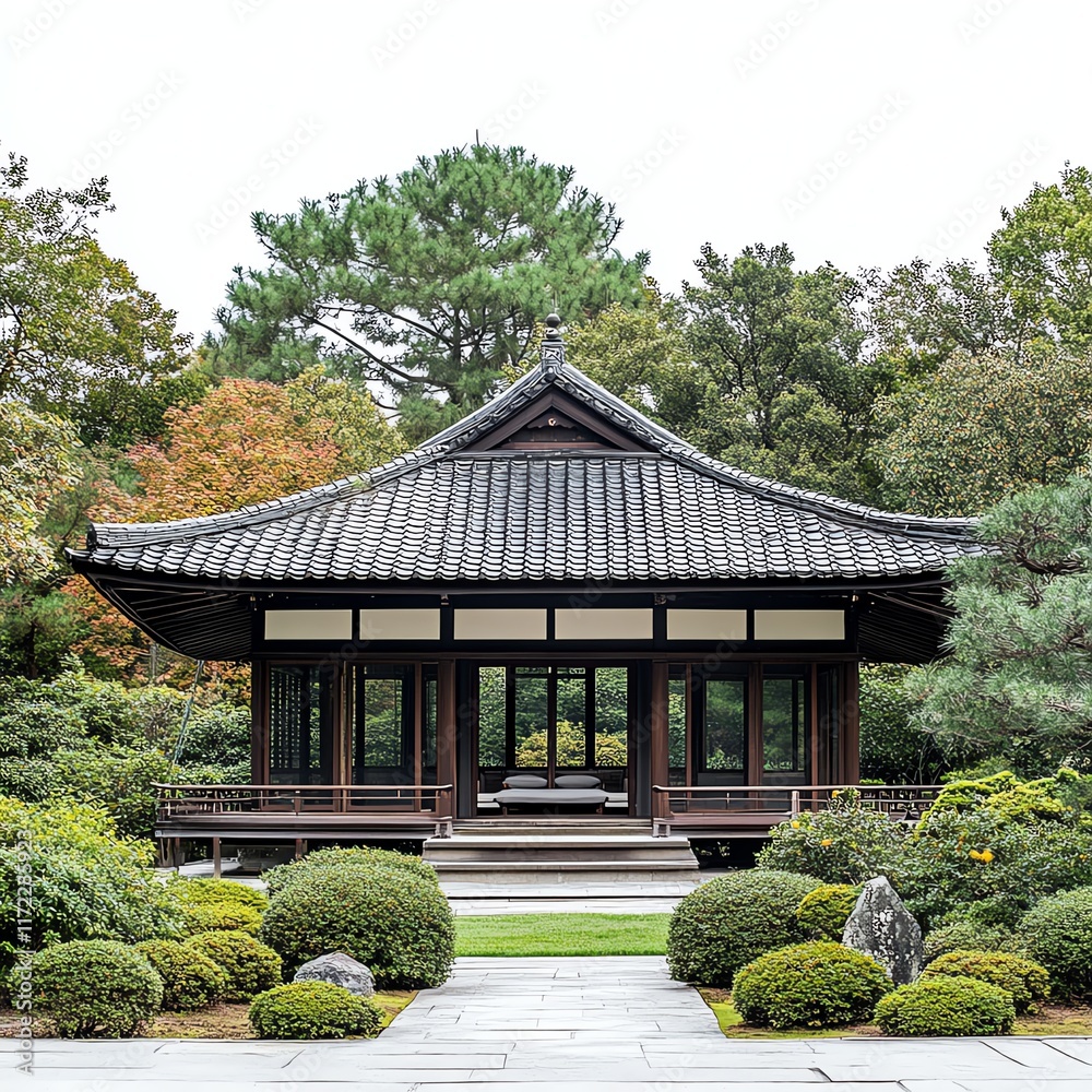 Traditional Japanese tea house surrounded by lush greenery and tranquil gardens. Traditional Japanese tea house surrounded by lush greenery and tranquil gardens.