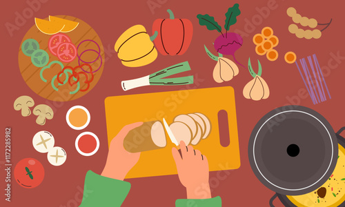 Food cooking top view. Sign or poster for restaurant menu with dish cook. Chef cooking at kitchen with meal ingredients