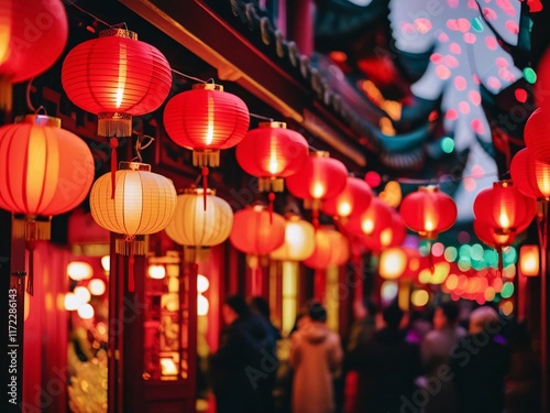 Vibrant Red Lanterns Illuminating Night Market Streets in Traditional Chinese Architecture, Creating a Festive Atmosphere for Celebration and Gathering