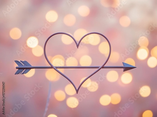 Romantic Heart Shape with Arrow Against Bokeh Background, Beautiful Love Symbol for Valentine's Day and Celebrations, Soft Pastel Colors and Warm Light Effects