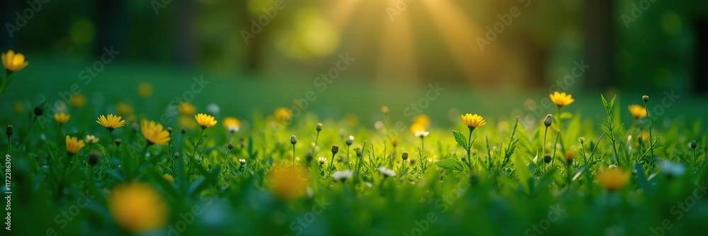 Fototapeta premium Glowing light source illuminating a green meadow, luminescent objects, floral details, foliage