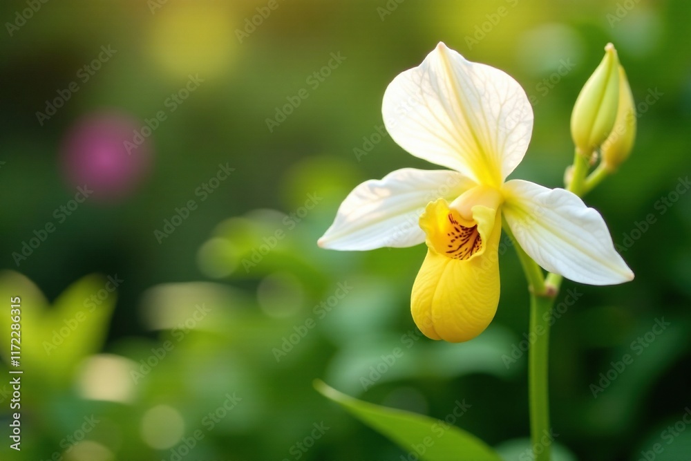 Fototapeta premium White and yellow Paphiopedilum orchids in a garden, , white