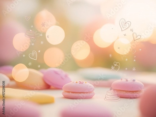 Soft Pastel Macarons with Dreamy Bokeh Background Featuring Cute Illustrations of Hearts and Cakes, Perfect for Sweet Treats and Dessert Themes