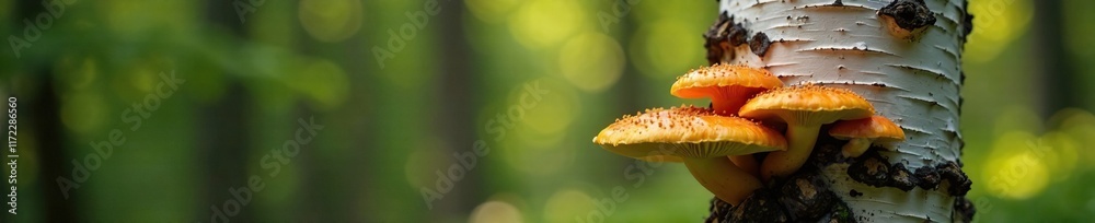 Birch tree with orange caps growing on the trunk, mushroom, fungi