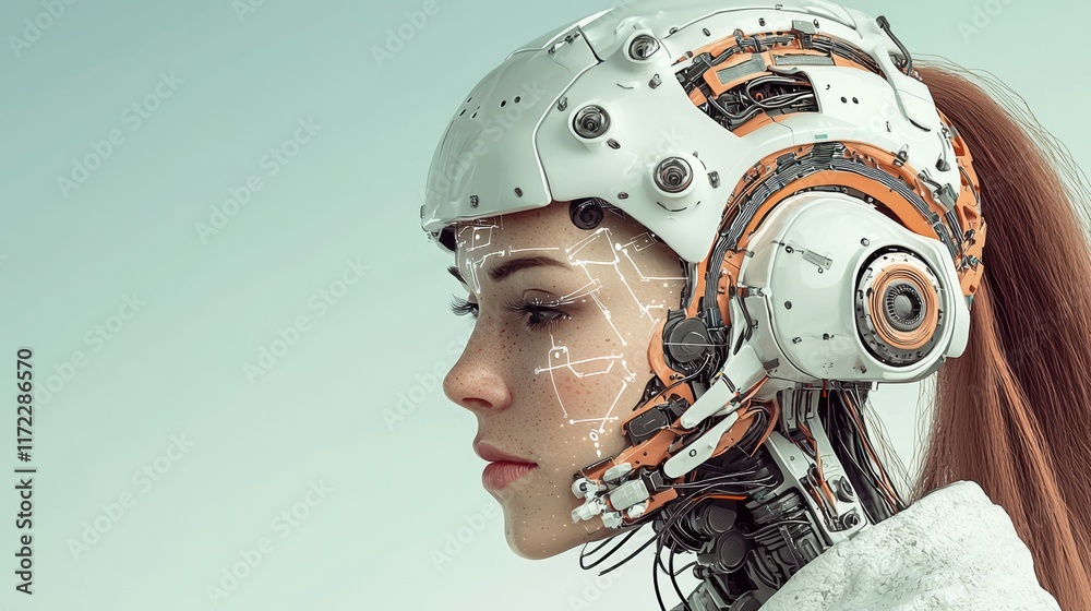 Fototapeta premium A futuristic female figure with a robotic helmet showcases advanced technology and human-machine integration.