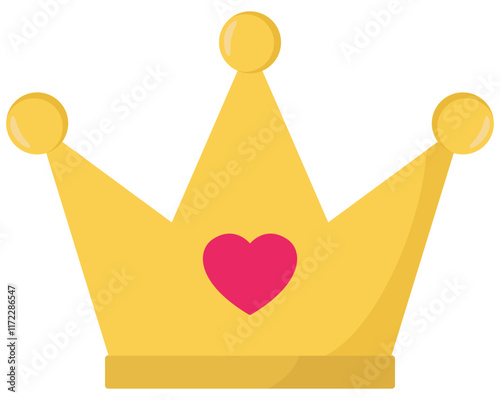 Flat icon of gold crown with red hart isolated on white background.