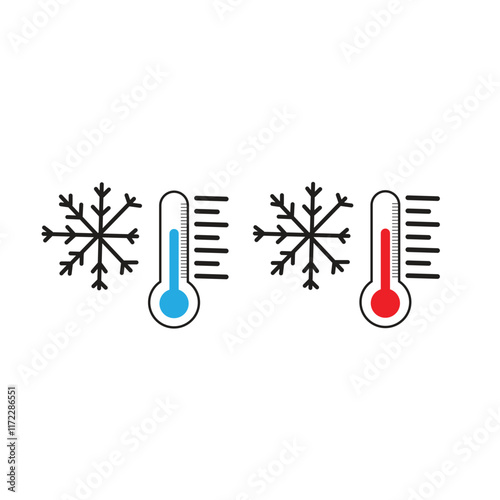 Temperature scale icon symbol. Weather sign. Thermometer with sun and snowflake icon. Hot and cold air temperature symbol in line and flat style for