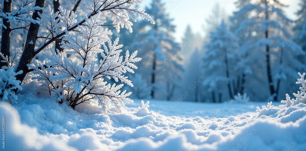 Winter landscape with intricate snowflakes and bare trees, snow, frosty, winter Winter landscape with intricate snowflakes and bare trees, snow, frosty, winter