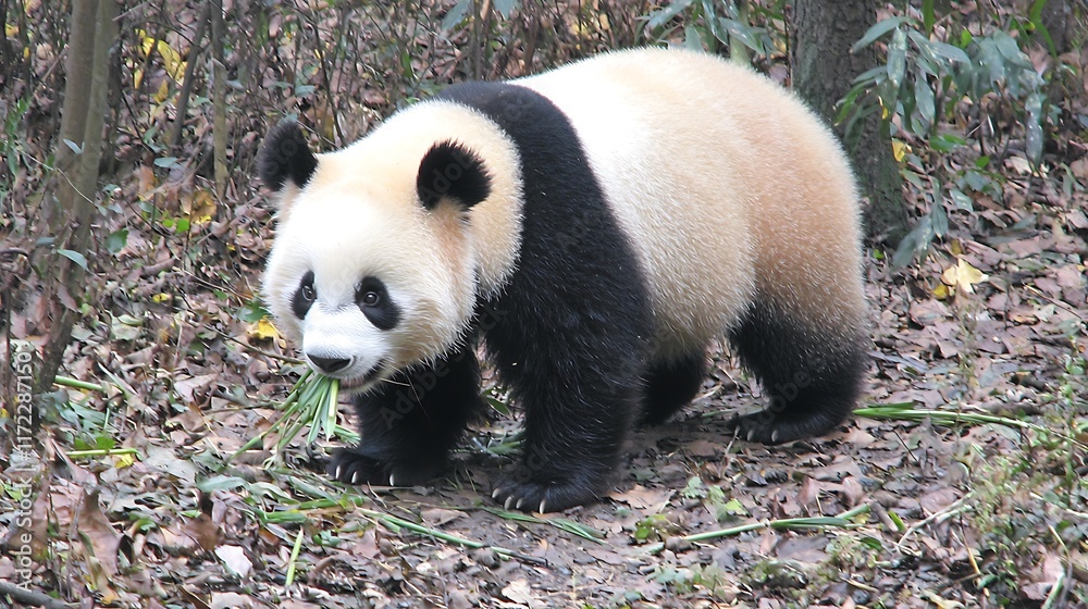 Fototapeta premium Giant panda eating bamboo in a forest.