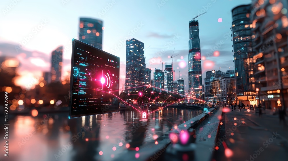 Naklejka premium A vibrant city skyline at dusk, featuring illuminated buildings, a reflective river, and digital displays, creating a futuristic ambiance.