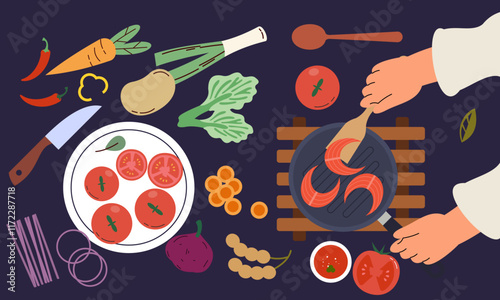 Food cooking top view. Sign or poster for restaurant menu with dish cook. Chef cooking at kitchen with meal ingredients