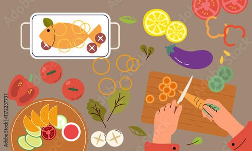 Food cooking top view. Sign or poster for restaurant menu with dish cook. Chef cooking at kitchen with meal ingredients
