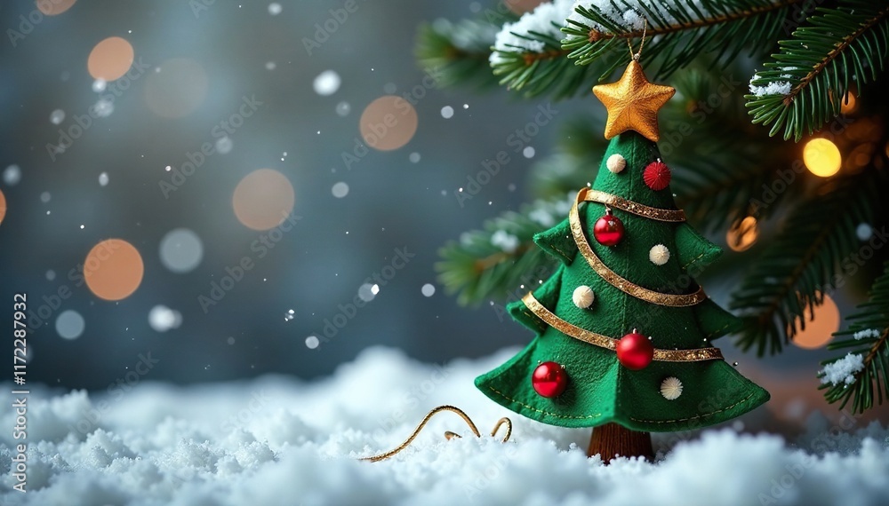 Wool felt Christmas tree decoration with ribbon, garland, cold weather