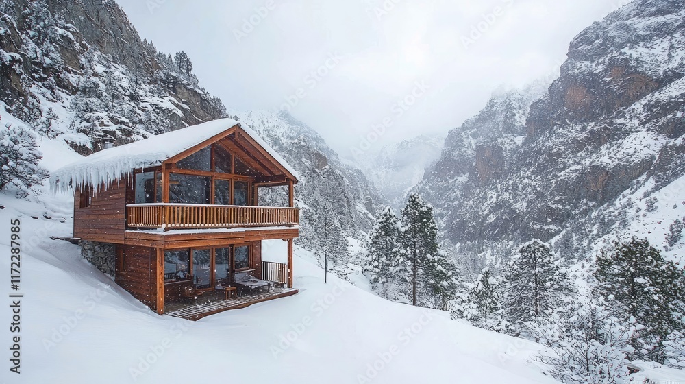 A cozy wooden cabin surrounded by snow-covered mountains and trees in a winter landscape. A cozy wooden cabin surrounded by snow-covered mountains and trees in a winter landscape.