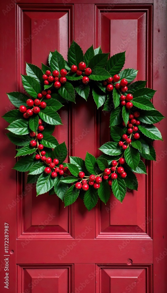 Wreath made of red berries and holly on a wooden door, , red, green Wreath made of red berries and holly on a wooden door, , red, green
