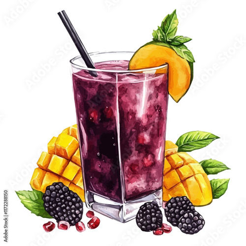 A watercolor vector painting of a Blackberry Mango Juice, isolated on a white background. Blackberry Mango Juice vector.

