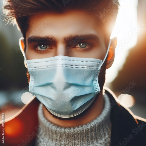 Man Wearing a Face Mask – A man wearing a surgical face mask s photo